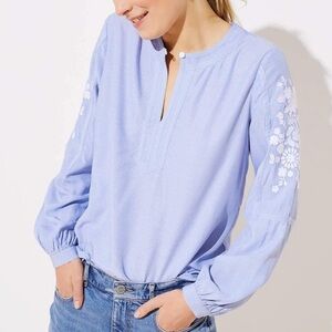LOFT Blue + White Striped Blouse w Embroidered Flowers and Split Neck Line